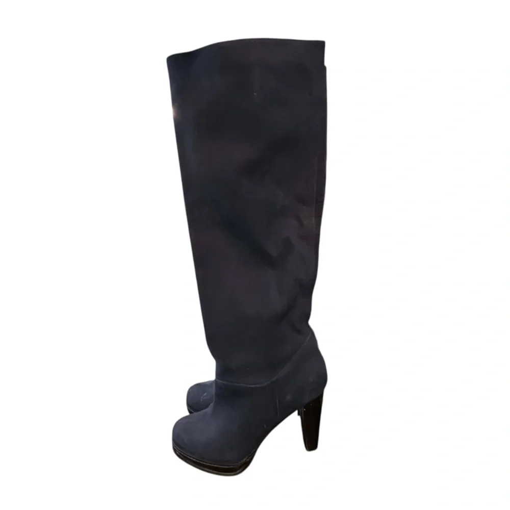 COLE HAAN Knee High Heeled Suede Boots Pull-On 8.5B Round Toe‎ Blue Suede Club